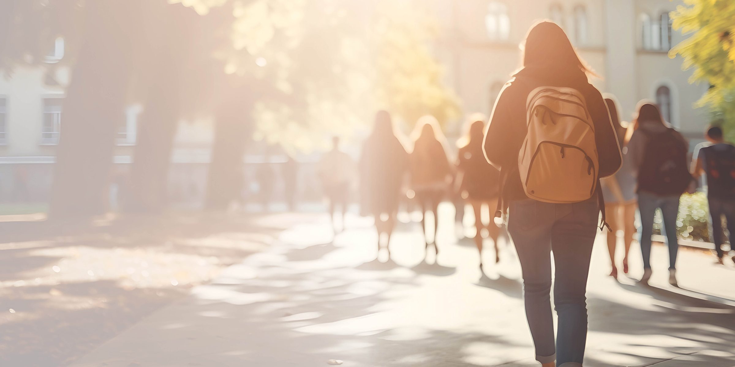 Students on a college campus walking to the student creation center.